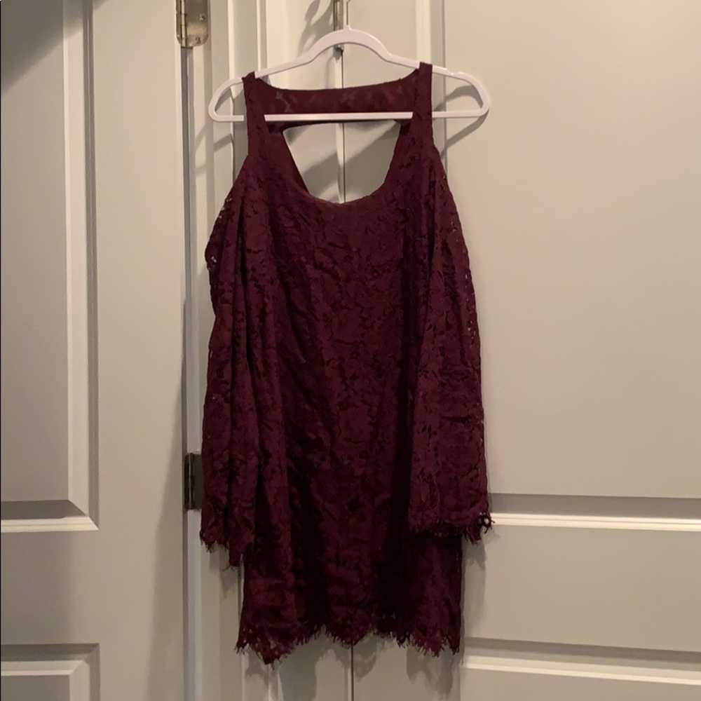Maroon, lace, long-sleeved mini dress